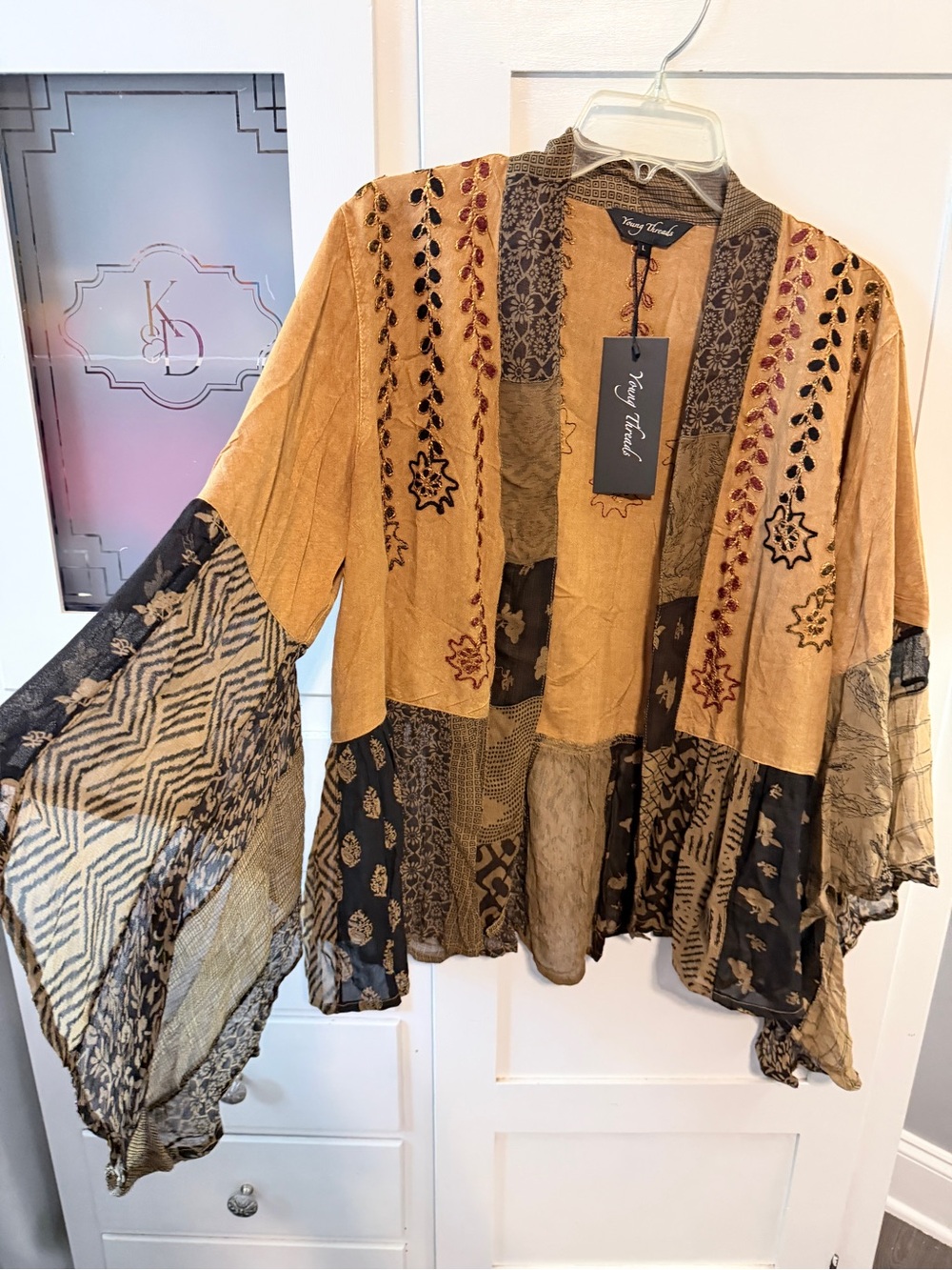 Young threads Boho Patchwork Kimono Cardigan - Mustard & Black